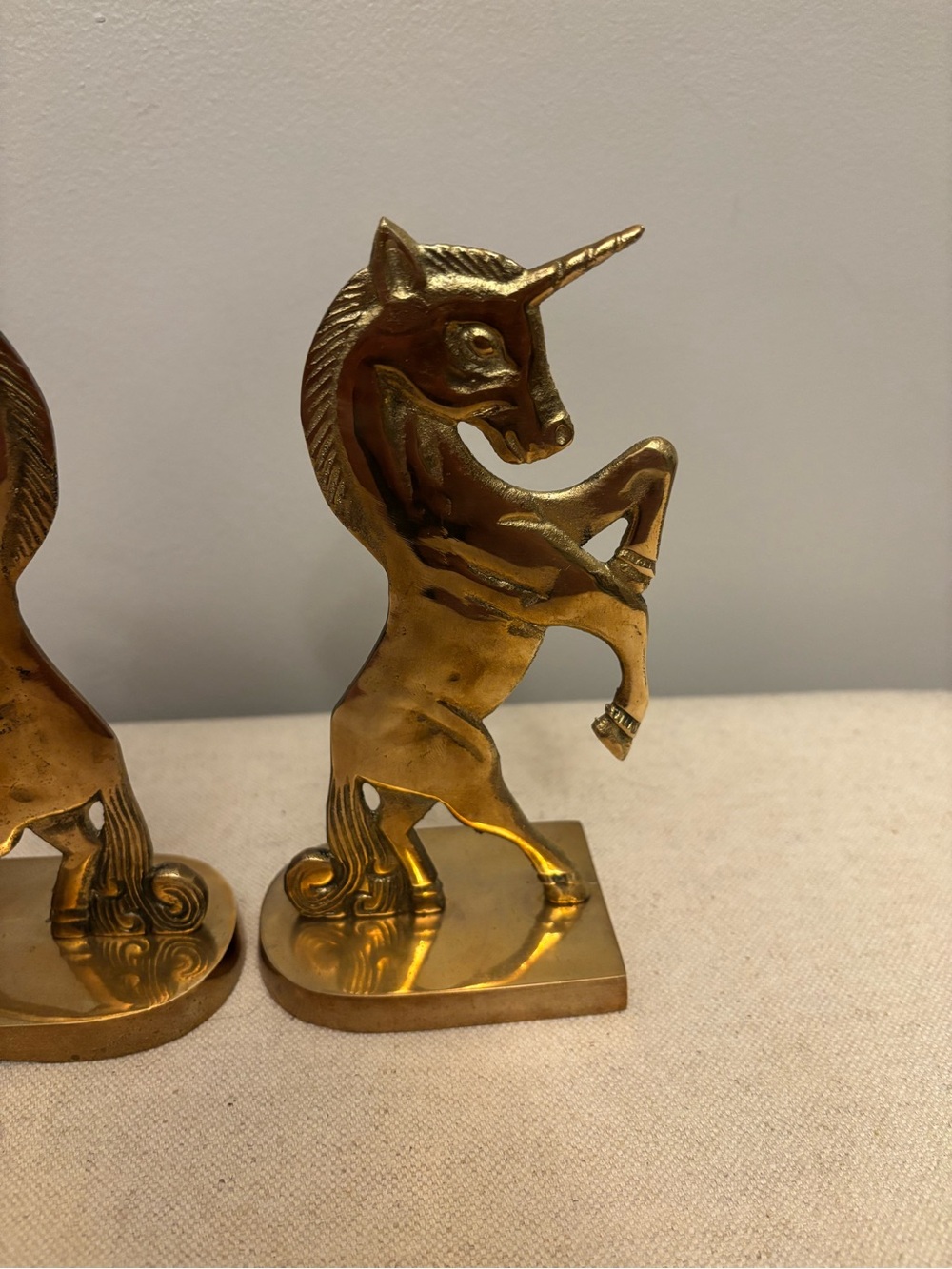 Vintage Solid Brass Rearing Unicorn Bookends Mid Century Hollywood Regency Set - Picture 7 of 16